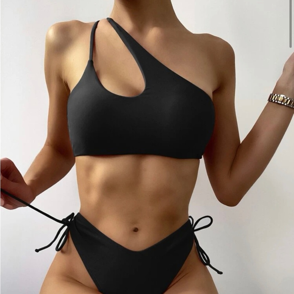 One Shoulder Tie Side Black Bikini - Size 8/12 (Large)